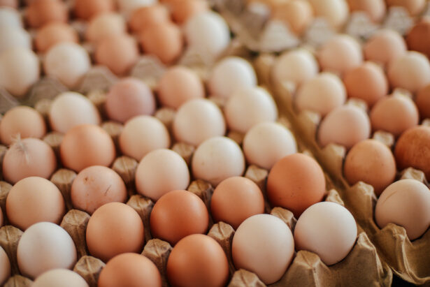 Close Up Of Eggs In A Basket. Top View Of Eggs In Bowl. Brown E